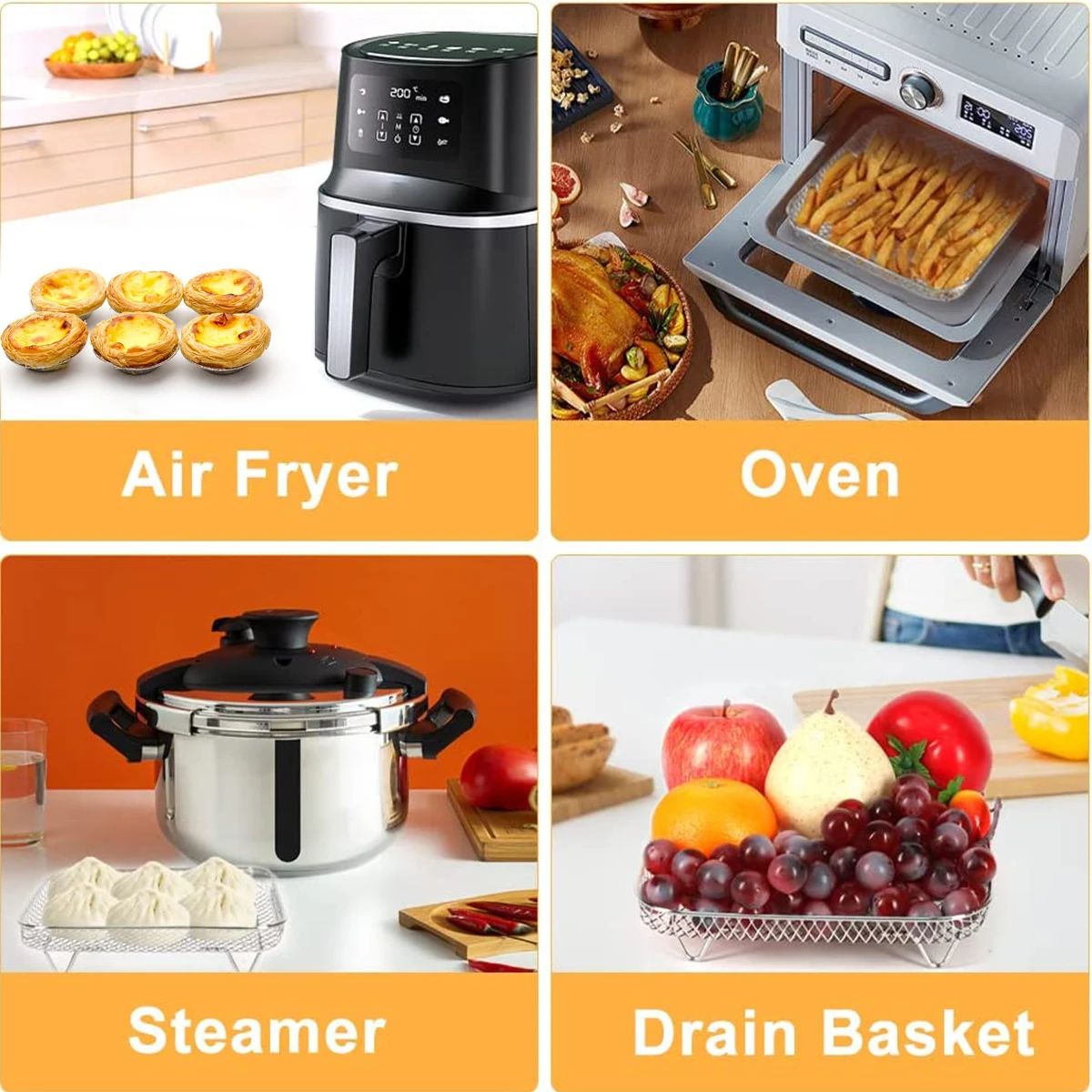 Bastidores de freidora de aire de 3 capas, cesta cuadrada de acero inoxidable, bandeja apilable, deshidratador, accesorios para freidora de aire, aptos para Cocina