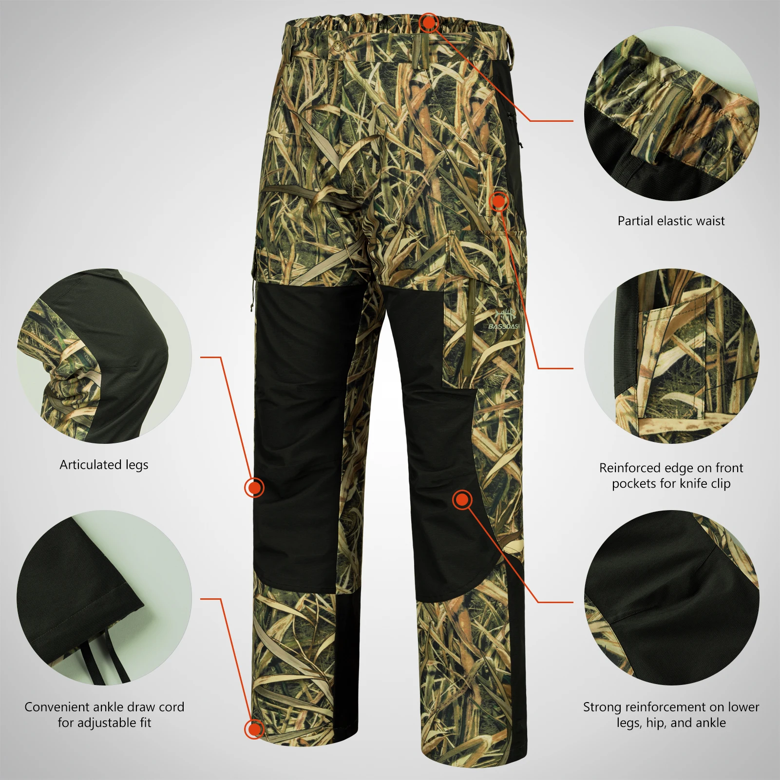 BASSDASH pantalones de caza empalmados para hombre, pantalones impermeables con estampado de lengüetas, transpirables, de camuflaje, para pesca y lluvia