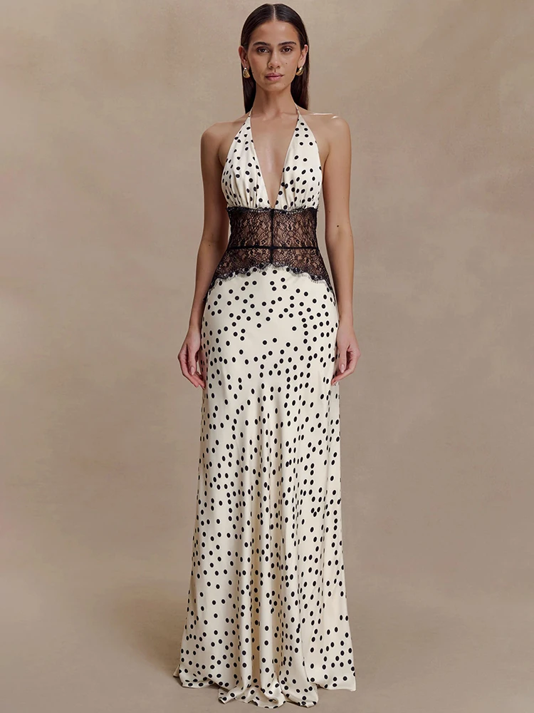 Mozision-Vestido largo Sexy con lunares y espalda descubierta para mujer, vestido elegante de encaje con cuello Halter y escote en V profundo, vestido ajustado sin mangas para discoteca