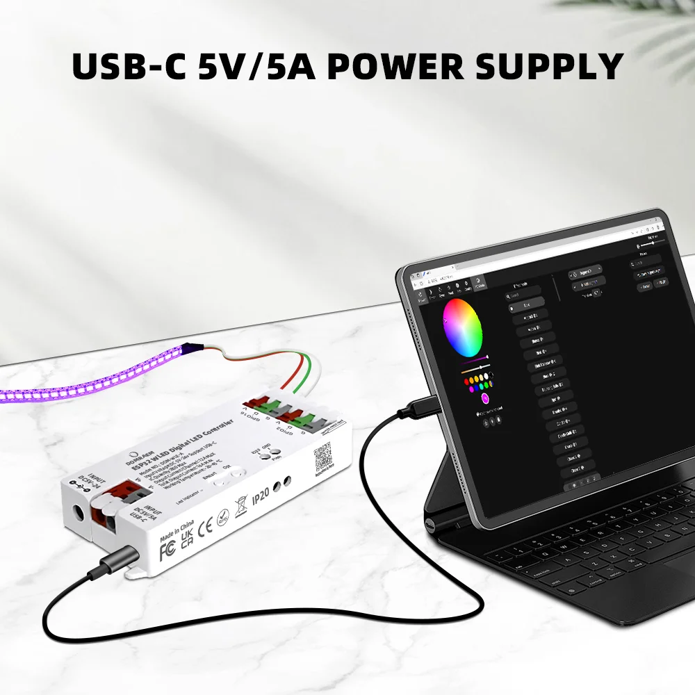 DOMRAEM ESP32 USB-C WLED controlador LED Digital RGB IC DIY APP 16A fusible funciona con HA/MQTT/Alexa WS2811/12/12B/14/05 Sk6812 tira