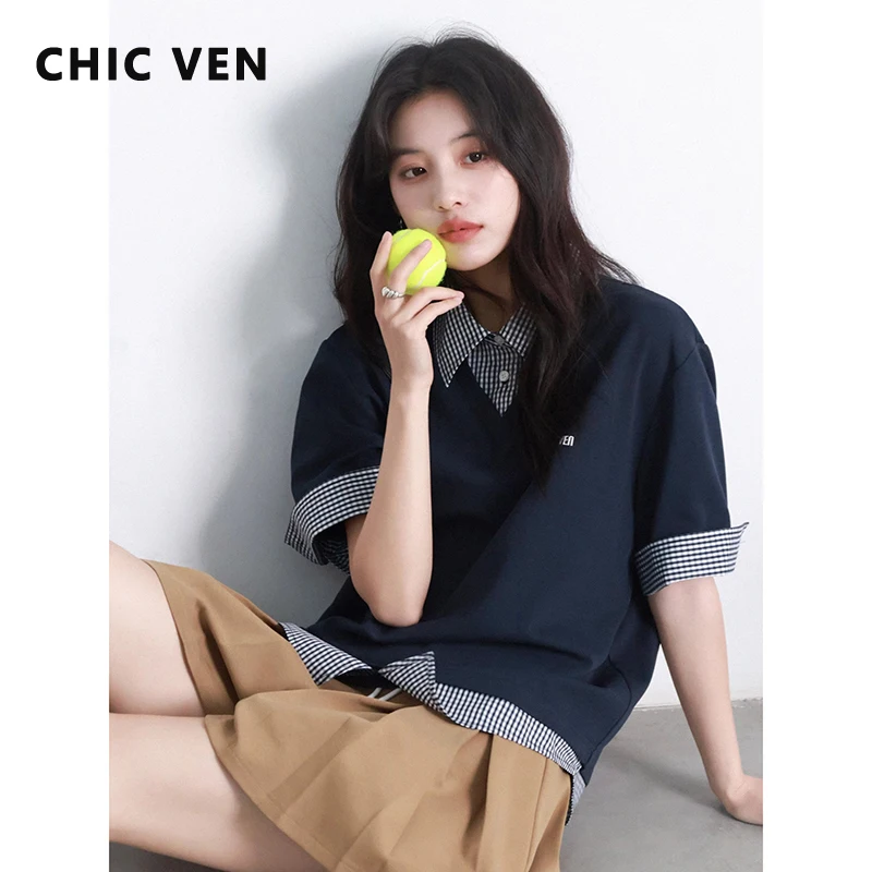 CHIC VEN-camisetas holgadas e informales para mujer, camisetas de manga corta a cuadros con contraste, Polo de retazos para primavera y verano 2025