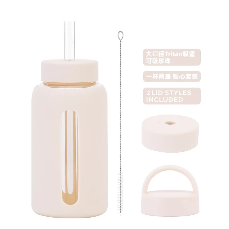 Taza de vidrio de 600ml, tapas dobles, funda de silicona, aislamiento térmico anticaliente, gran capacidad, portátil para exteriores, botella de agua graduada, taza