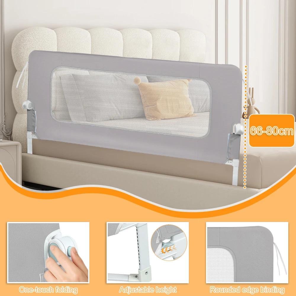 Barrera de cama 150 / 180 / 200 cm - Protección anticaídas - Plegable ° Altura ajustable de 66 a 80 cm - con patas trapezoidales y cuerdas de fijación - gris suave/rosa/azul/gris