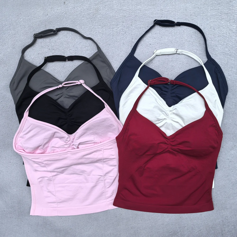 Conjunto de Yoga de 2 piezas para mujer, Tops con espalda descubierta y cuello Halter, pantalones cortos sin costuras de cintura alta, traje de gimnasio, ropa deportiva, conjuntos de entrenamiento