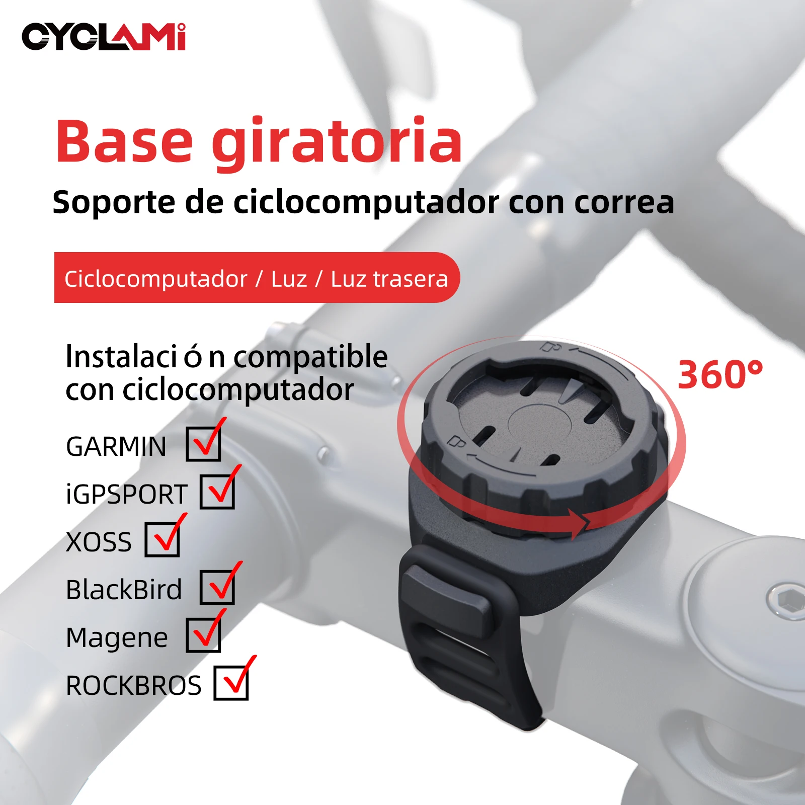 CYCLAMI S14 Universal PC 360 °   Soporte Giratorio para Ciclocomputador, Soporte para GPS y Faro Delantero de Bicicleta de Montaña, Soporte para Luz Trasera