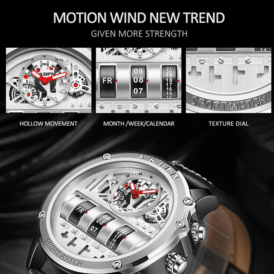 Reloj de cuarzo electrónico de lujo para hombre, relojes de negocios, reloj de pulsera creativo para hombre, relojes con correa de cuero con fecha giratoria única
