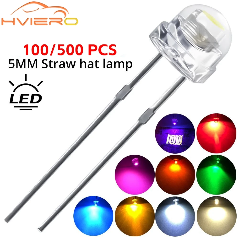 100/500 unidades de diodos emisores de luz LED SMD SMT de 5 mm, tipo sombrero de paja, blanco, verde, azul, amarillo, transparentes, brillantes, de ángulo amplio, para luces DIY