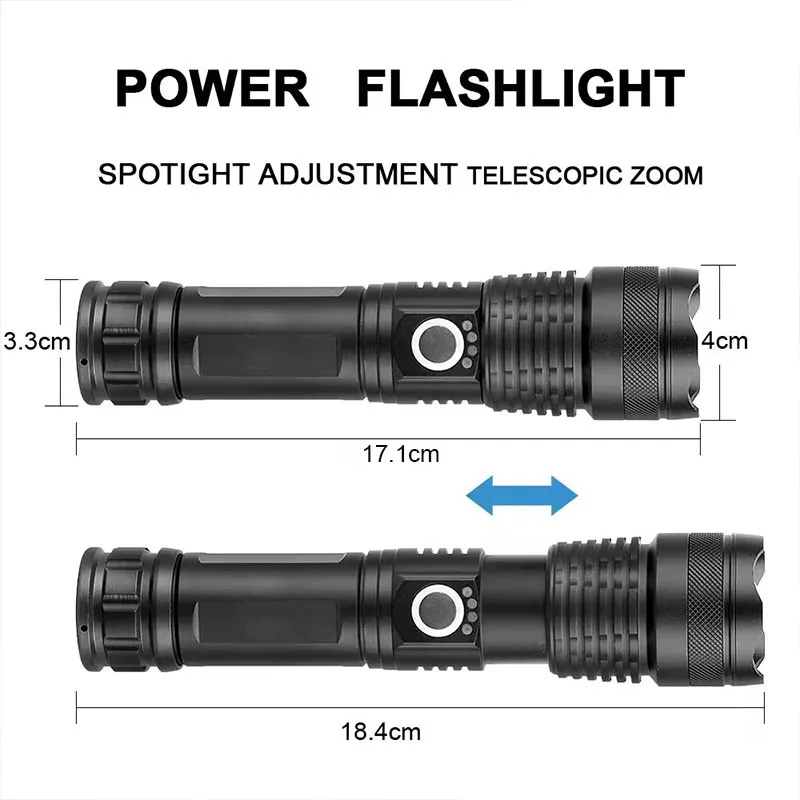 Linterna táctica LED recargable de alta potencia, lámpara con Zoom telescópico de aleación de aluminio para acampar al aire libre y pescar