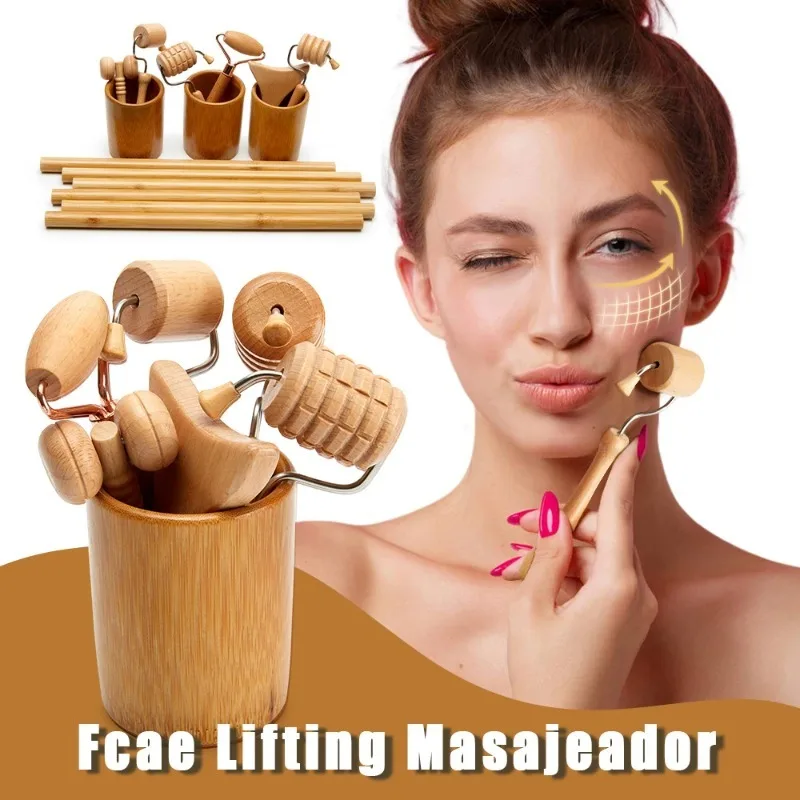 Rodillo de masaje Facial de madera, eliminador de arrugas, herramienta anticelulítica Gua Sha, rodillo de maderoterapia de tejidos faciales