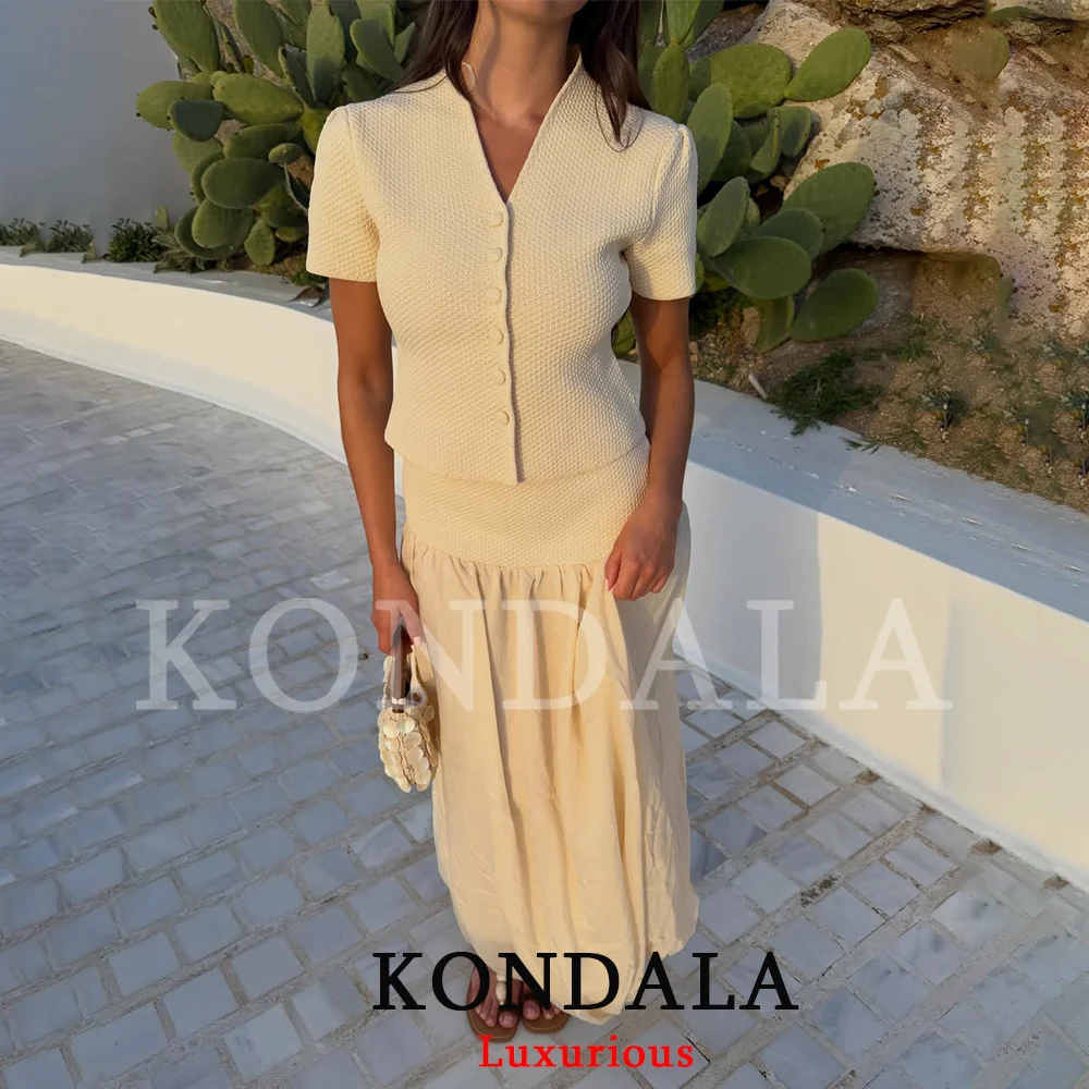 Conjunto Casual de Falda Tejida para Mujer KONDALA, Cárdigan de Manga Corta con Cuello en V y Botones, Falda Larga, Moda Verano 2026, Conjuntos Elegantes para Vacaciones