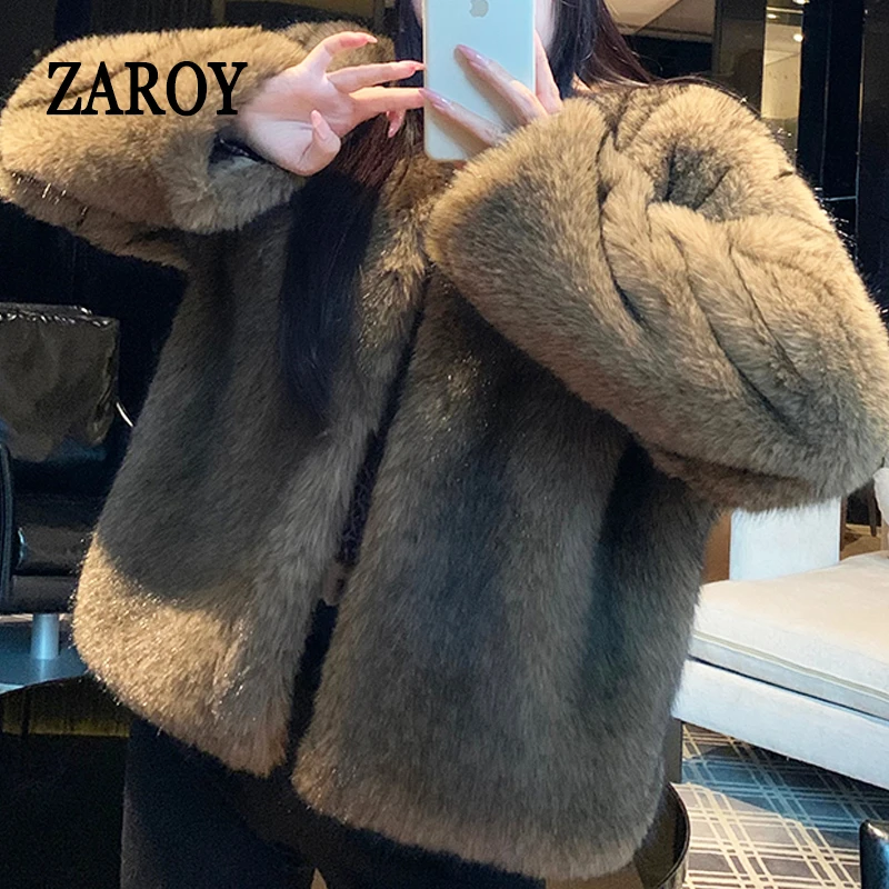 ZAROY Abrigo de piel sintética para mujer, ideal para el invierno, de lujo y elegante, con cuello redondo, tipo cárdigan, chaqueta de piel, abrigo de piel suave y cálido, perfecto para fiestas y banquetes.