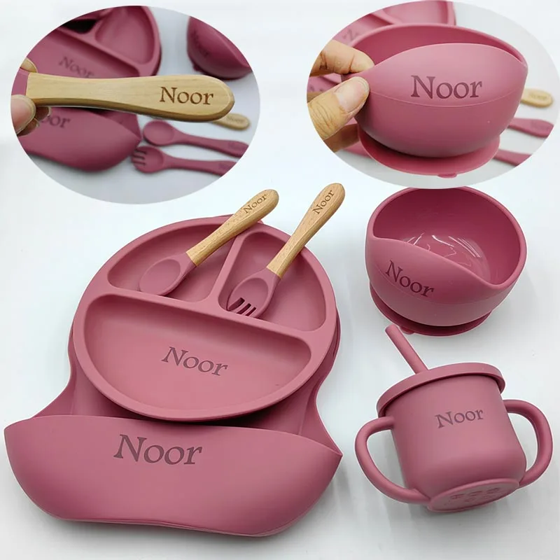 Vajilla de silicona para niños, juegos de alimentación de bebé, cuenco con ventosa, plato de comedor, cuchara, tenedor, babero, taza, nombre personalizado, regalo para niños, 6 uds.