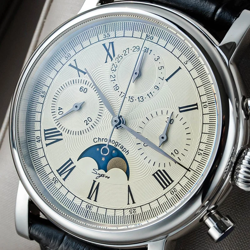 Reloj Sugess ST1908 para hombre, reloj de pulsera con cronógrafo mecánico con movimiento de cuello de cisne, calendario de fase lunar auténtica, cuero Vintage, nuevo 2023