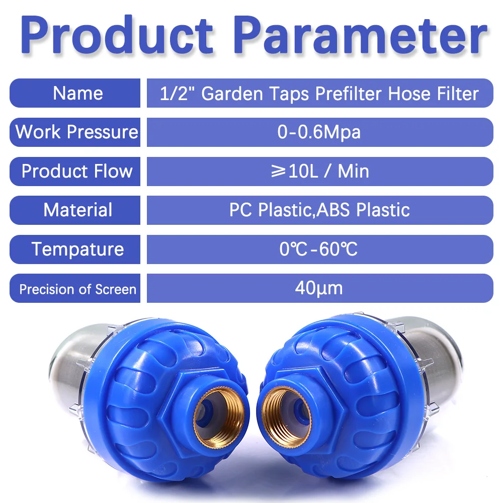 Filtro de grifo de jardín prefiltro de 1/2 ", 40μm, con filtro de pantalla de acero inoxidable 316, impurezas para cocina, baño y patio, 1 ud.