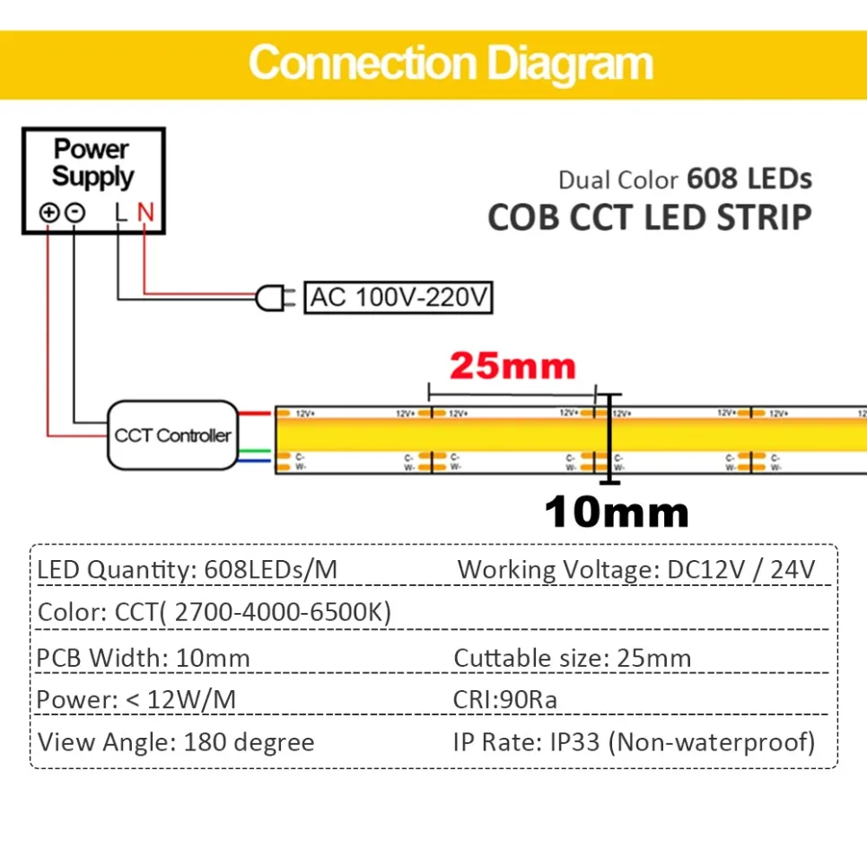 FCOB CCT tira de luz LED 608 LEDs alta densidad Flexible FOB COB 10mm luces Led RA90 2700K a 6000K lineal regulable DC12V DC24V