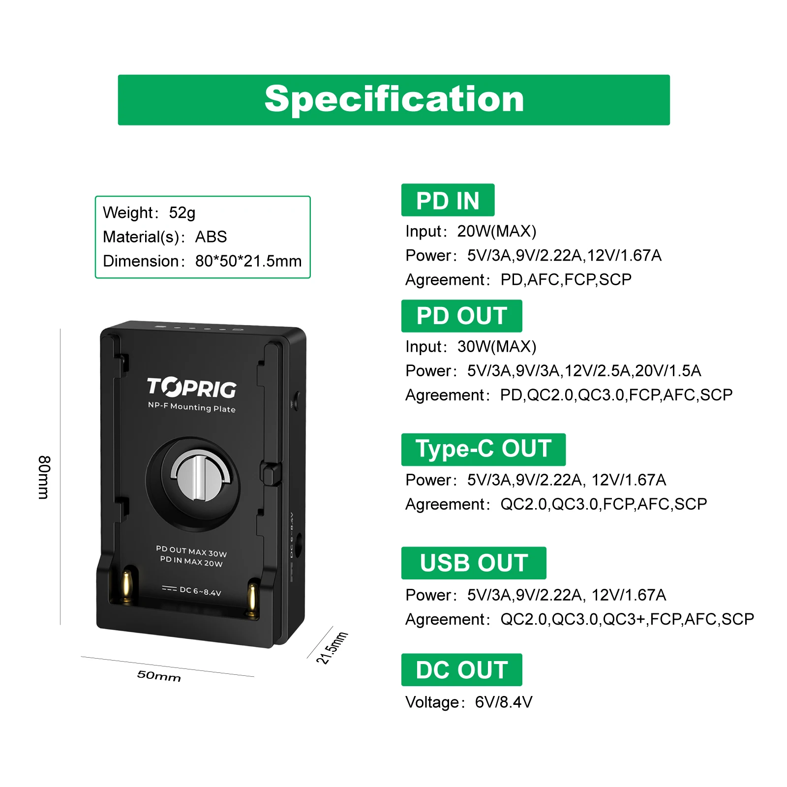 Accsoon Toprig NP-F batería carga rápida adaptador avanzado placa de montaje 30W PD salida USB-C tornillo de 1/4 pulgadas para NP-F550 F750