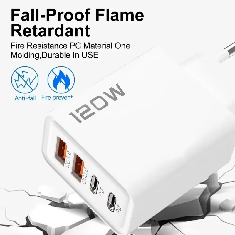 Estación de carga rápida USB C de 4 puertos y 120W, adaptador de pared PD QC3.0, cable de datos para iPhone, Samsung, Xiaomi, Huawei, enchufe EU, US, UK, para viajes