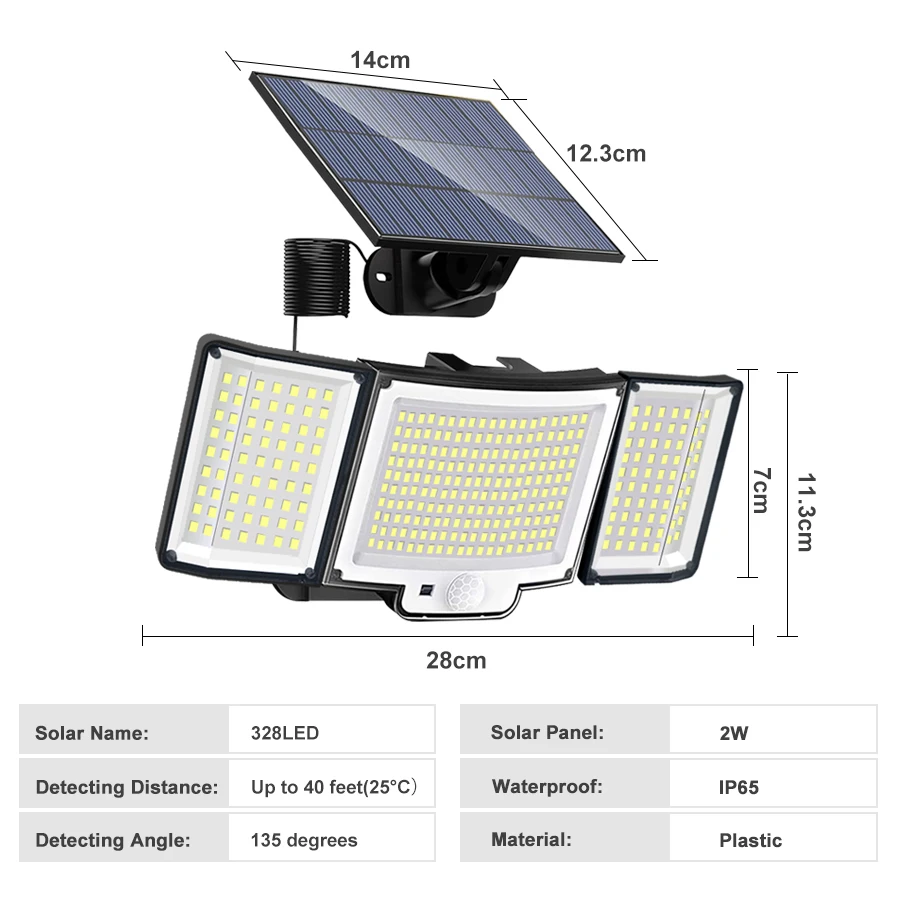 Lámpara Solar de 348 LED, Luz de Seguridad para Exteriores con Sensor de Movimiento, Impermeable, Foco Solar Potente de 126/328 LED para Jardín y Garaje