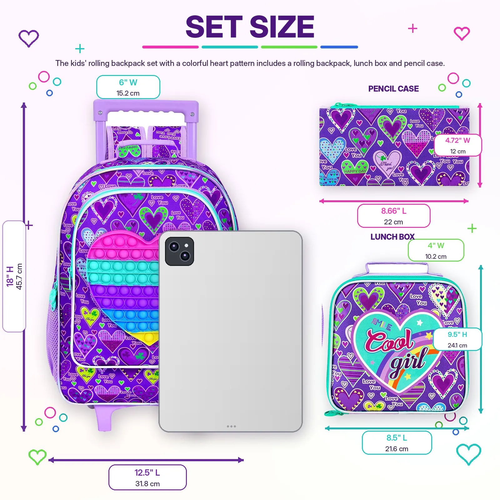 Mochila con ruedas de 3 piezas para niñas, mochila con ruedas para niños, mochila escolar con ruedas y bolsa de almuerzo - Corazón morado