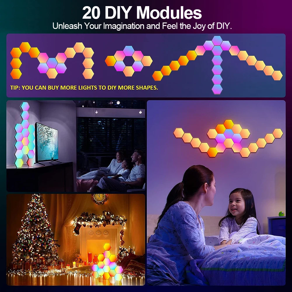 Lámpara de pared hexagonal inteligente RGB con cambio de color, luz ambiental nocturna, forma personalizable, control mediante aplicación y sincronización con el ritmo de la música, ideal para salas de juegos y dormitorios.