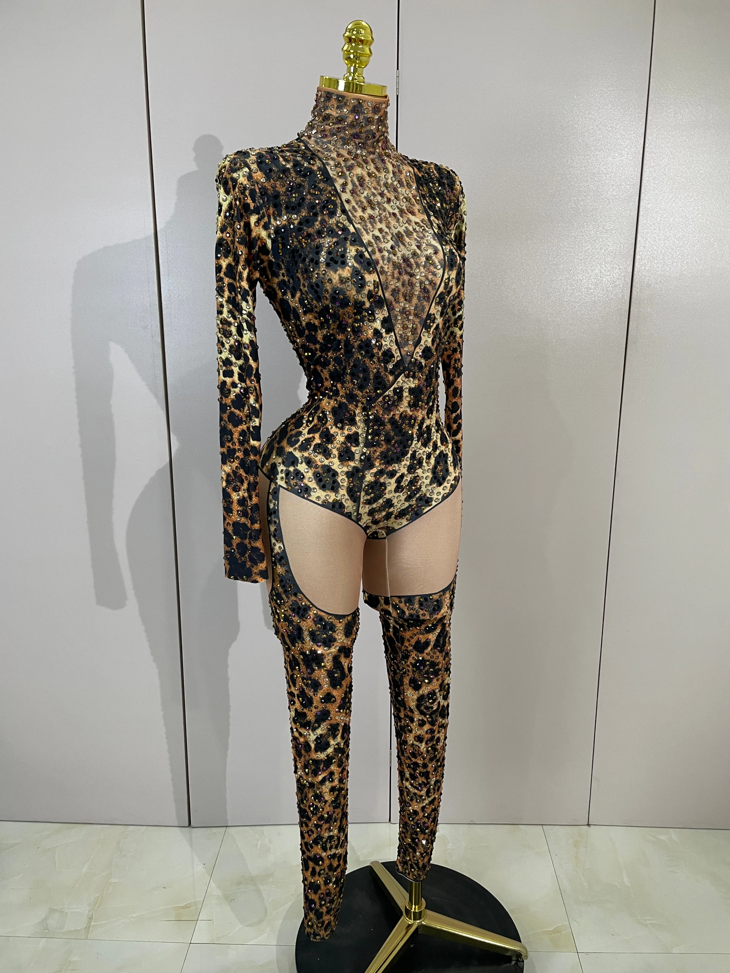Mono elástico ajustado con estampado de leopardo y diamantes brillantes para mujer, traje sexy para fiesta nocturna, discoteca, cantante, bailarina, actuación en el escenario