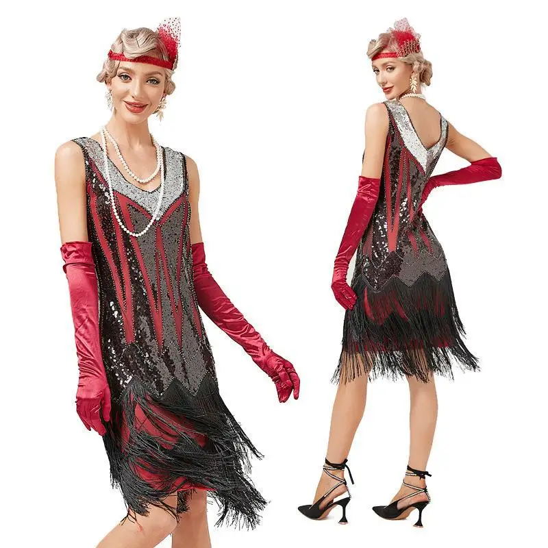 Falda larga sin mangas para mujer, vestido Flapper de fiesta del gran Gatsby Vintage de los años 1920, vestido de cóctel con flecos y lentejuelas