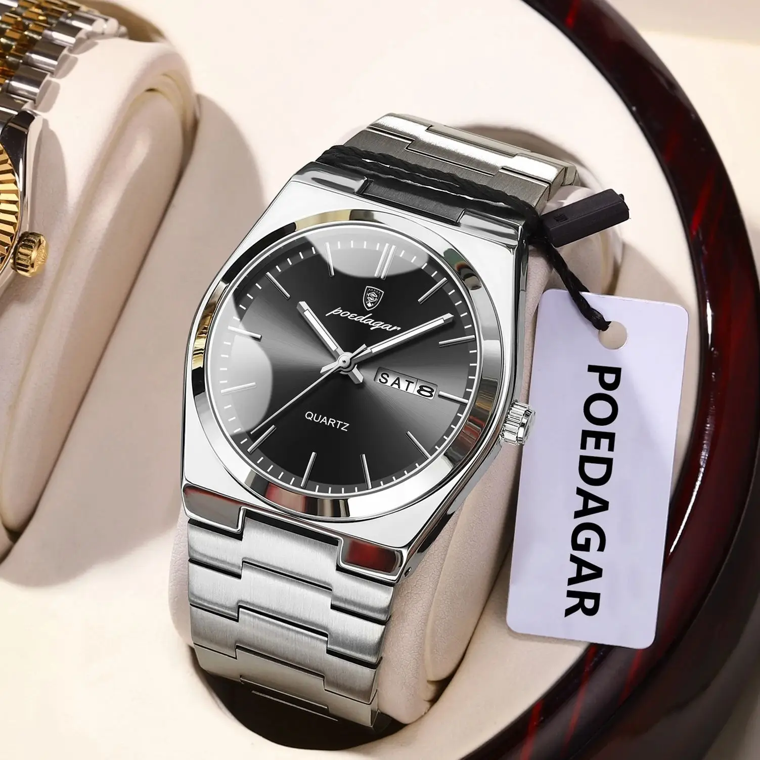 POEDAGAR, reloj de pulsera de cuarzo de lujo para hombre, resistente al agua, luminoso, con fecha, semana, reloj para hombre, relojes de moda de negocios de acero inoxidable para hombre