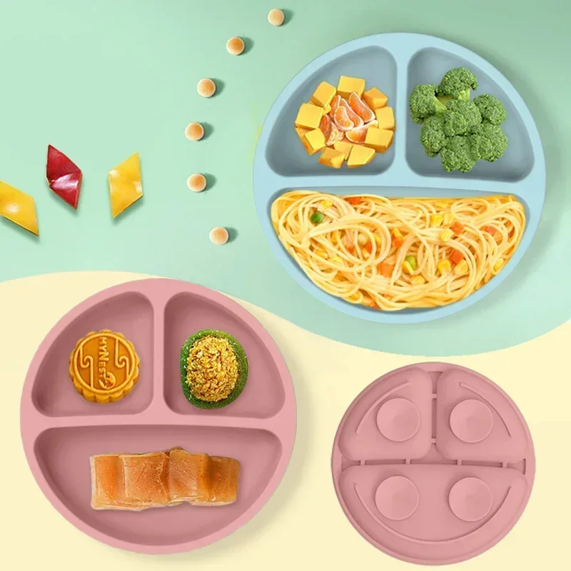 Juego de platos de silicona de grado alimenticio para niños, tazón de alimentación de bebé, plato de succión, taza de paja, cuchara de madera, tenedor, vajilla para niños, platos para niños pequeños