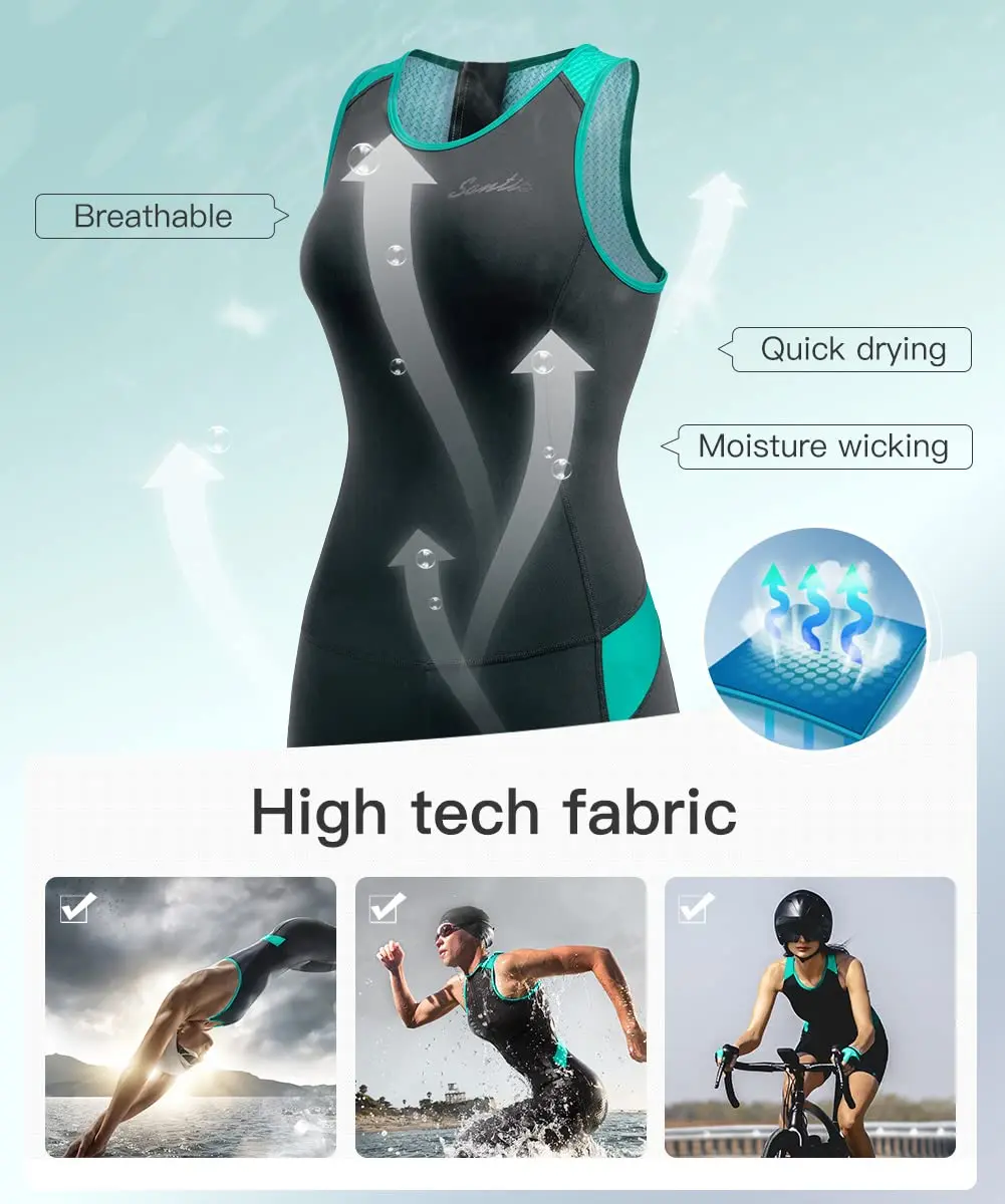 Santic Trajes de ciclismo para triatlón para mujer, sin mangas, acolchados de esponja, de secado rápido para correr y nadar