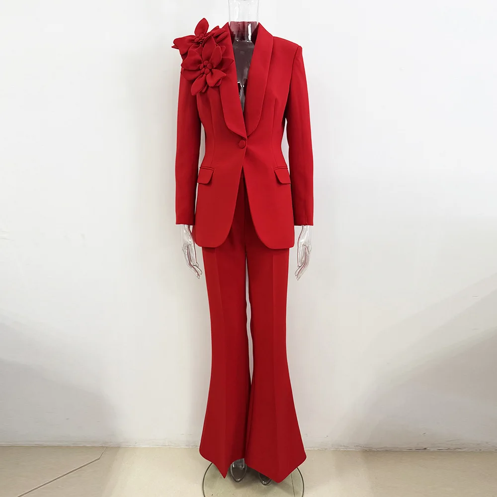 HIGH STREET Última Moda 2026 Conjunto de Traje de Diseñador para Mujer, Chaqueta y Pantalones con Flores Tridimensionales, 2 Piezas