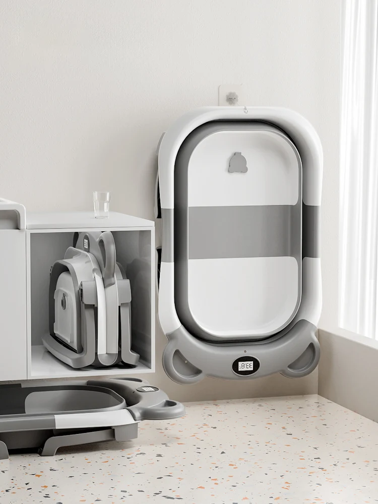 Bañera plegable para bebé recién nacido con termómetro y 1 cojín flotante suave, bañera de viaje portátil con orificio de drenaje, bañeras para bebé