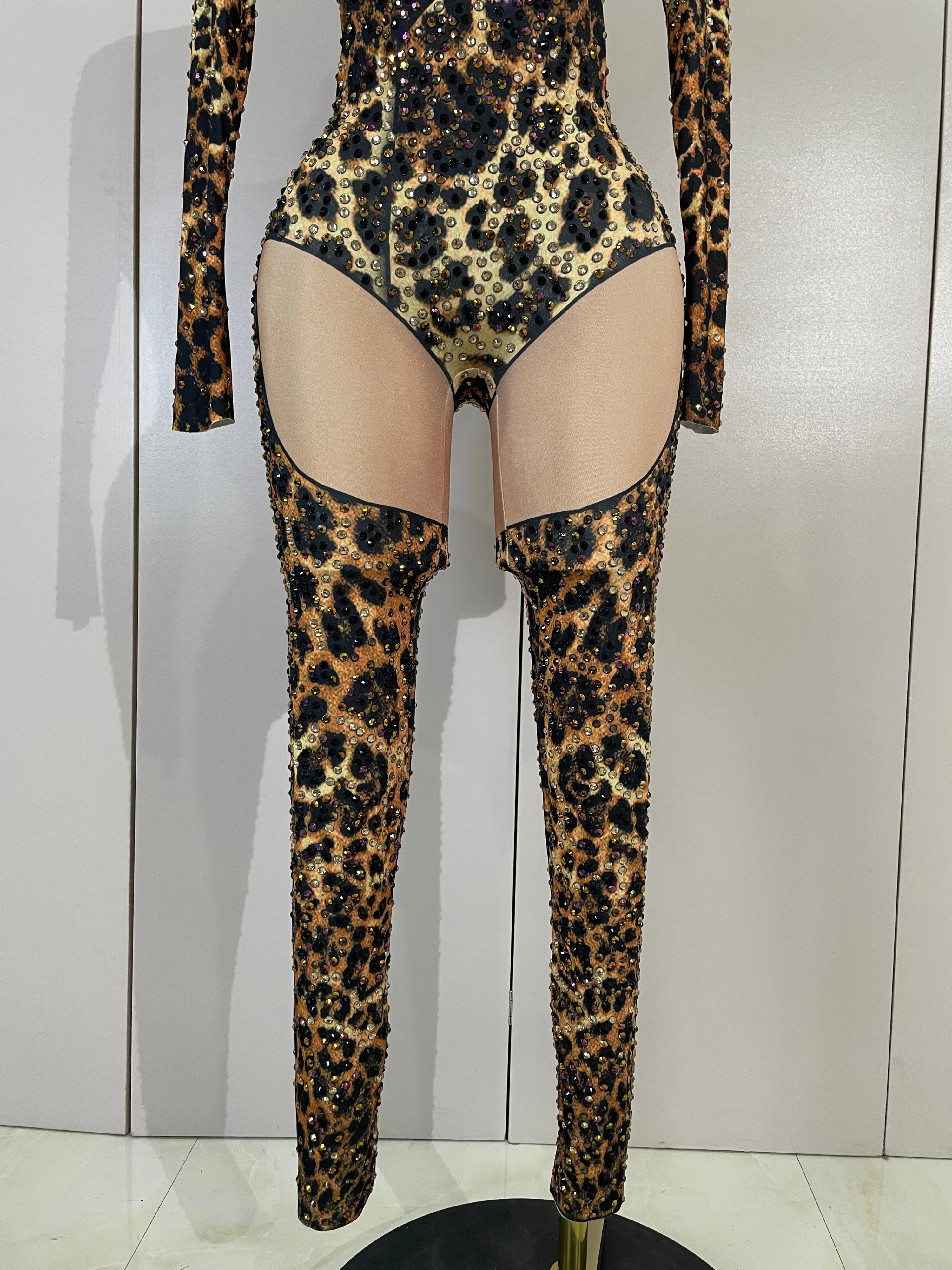 Mono elástico ajustado con estampado de leopardo y diamantes brillantes para mujer, traje sexy para fiesta nocturna, discoteca, cantante, bailarina, actuación en el escenario