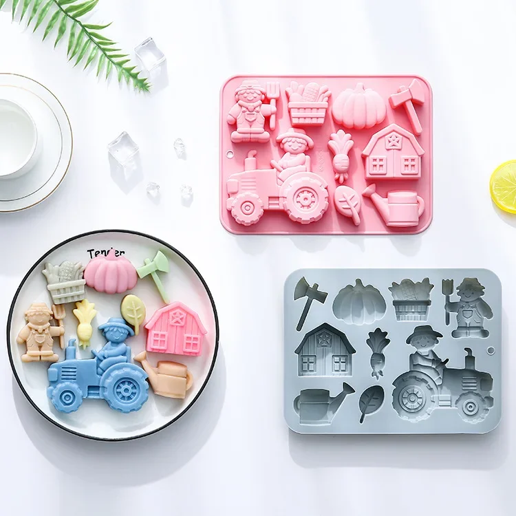 Molde de silicona para modelado de tema de granja de 9 agujeros, herramienta para hornear, molde para pastel, cubo de hielo, molde de Chocolate epoxi, accesorios para hornear