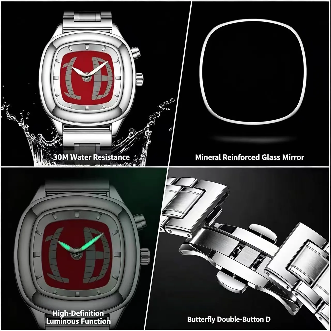 Reloj de Cuarzo Rojo, Diseño Cuadrado Y2K, Números con Puntero, Pantalla Dual, Acero, Personalizable, Relojes Modernos para Hombre, Diseño Dinámico y Ejecutivo