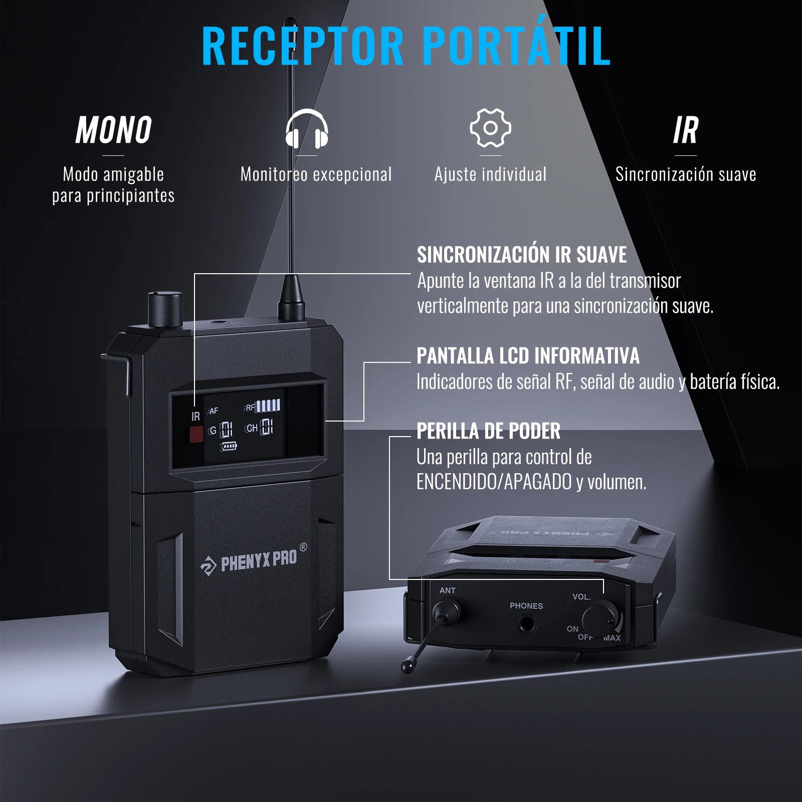 Sistema de Monitoreo Inalámbrico In-Ear Phenyx Pro PTM-33 de 4 Canales Mono con Soporte de Rack para Iglesia y Bodas