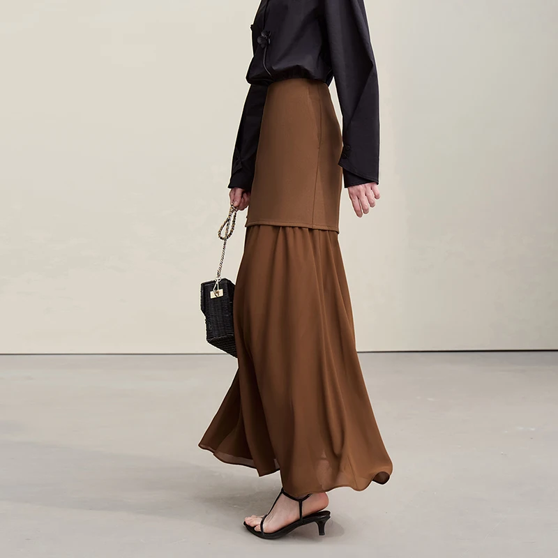 Falda Larga de Chifón con Parches Elegante para Mujer, Nueva Colección Otoño 2026, Color Sólido, Corte Recto, Versátil, Ropa de Mujer 12641047