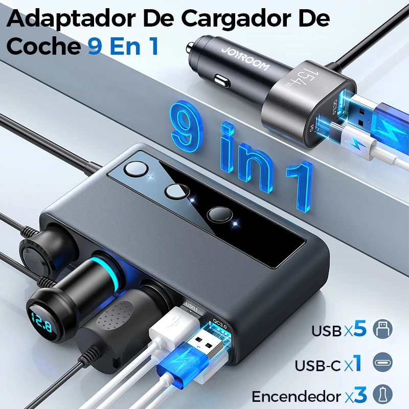 Joyroom 154W 9 en 1 adaptador de cargador de coche interruptores independientes de carga toma de cigarrillo CC PD 3 enchufe divisor de encendedor de cigarrillos
