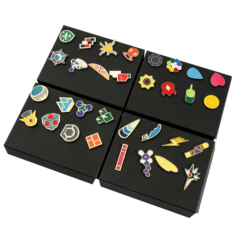 Set de 8 pines de esmalte de anime para gimnasio, broches de solapa de esmalte duro coloridos, insignias de entrenador, caja de regalo coleccionable para mochila