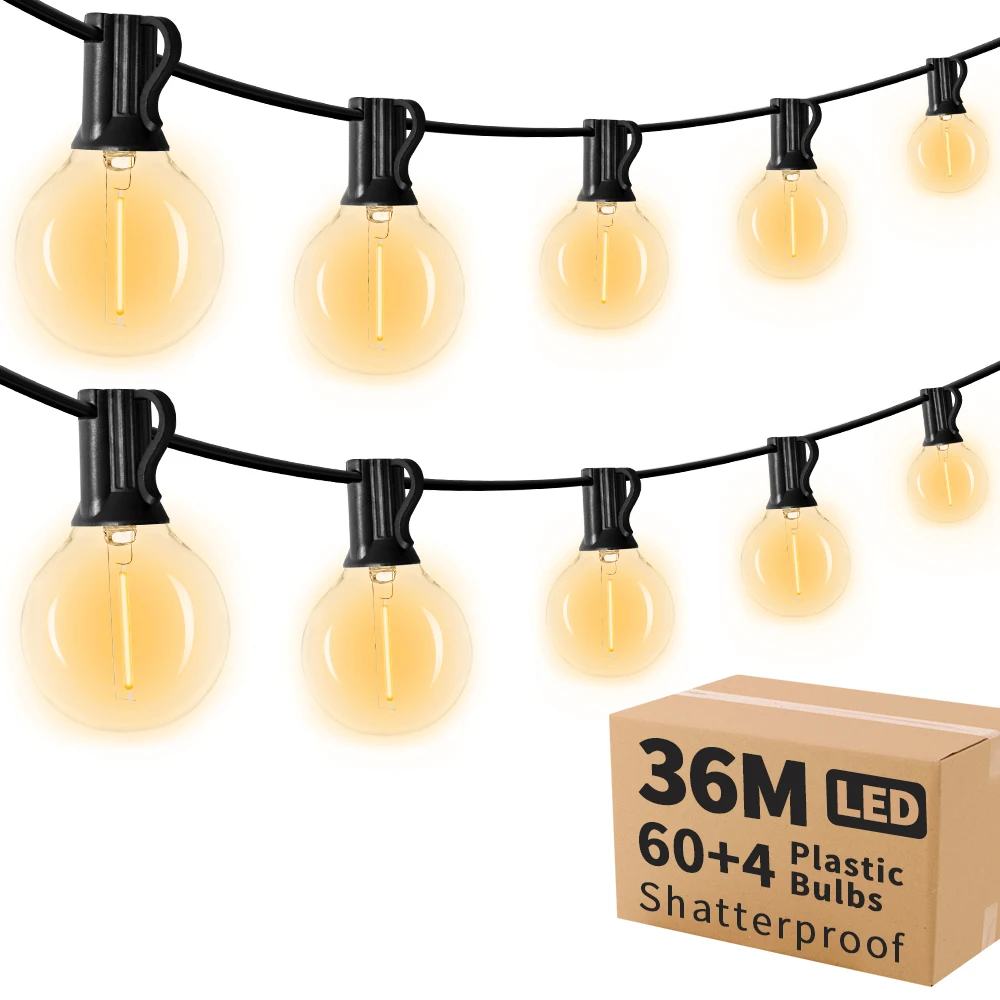 Guirnalda de luces LED para exteriores G40 de 36 m con 64 bombillas de plástico Cadena de luces acoplables para exteriores para jardines, bodas, fiestas, terrazas