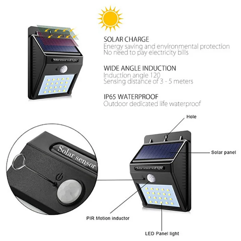 Luz Solar LED con Sensor de movimiento PIR, luz de pared para exteriores, impermeable, alimentada por energía Solar, farola, decoración de jardín, 6/30