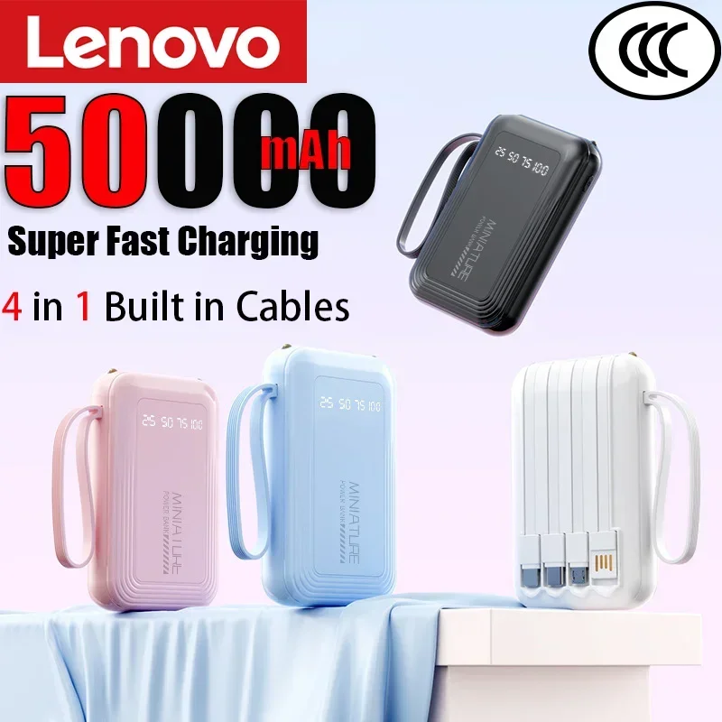 Batería Externa Lenovo de 500000mAh con Carga Súper Rápida, Pantalla Digital LED, 4 en 1 con Cables Integrados para iPhone y Samsung