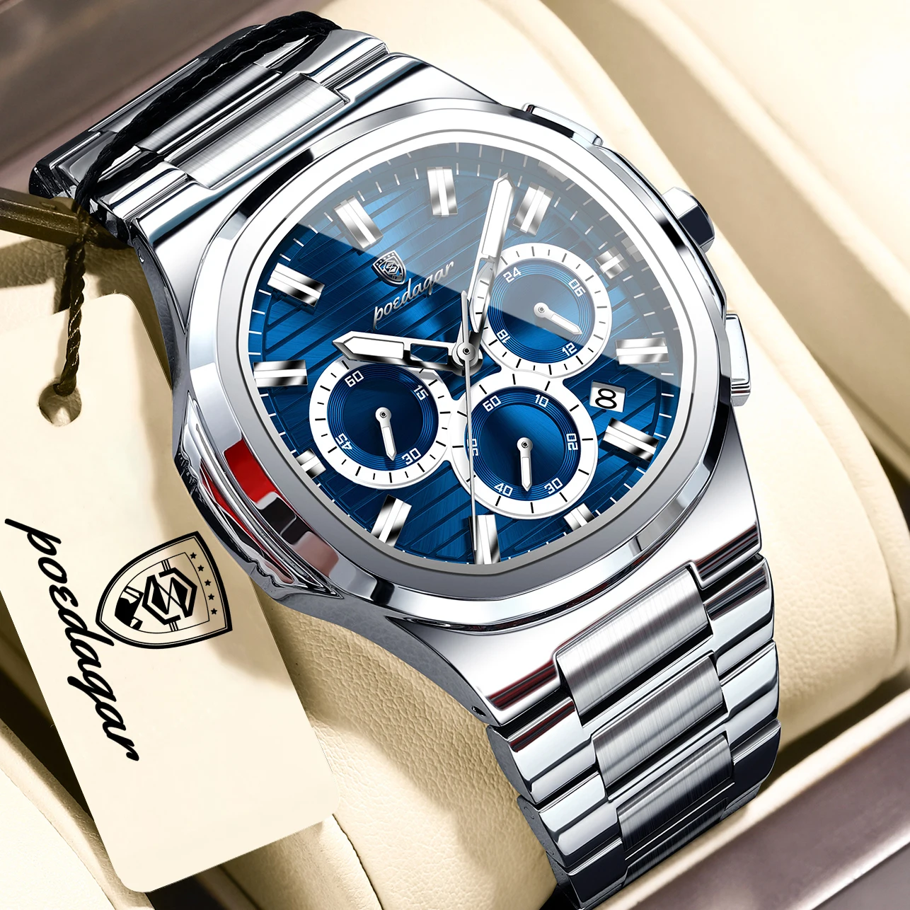 Reloj POEDAGAR de Lujo para Hombre, Resistente al Agua, de Acero Inoxidable, Luminoso, con Fecha, Cronógrafo, de Cuarzo, para Negocios