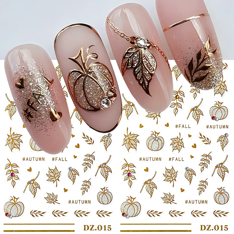 2 Piezas de Adhesivos Dorados para Uñas con Diseño de Hojas de Arce y Calabaza, Decoración Brillante para Uñas, Mini Hojas de Corazón para Otoño, Accesorios de Manicura