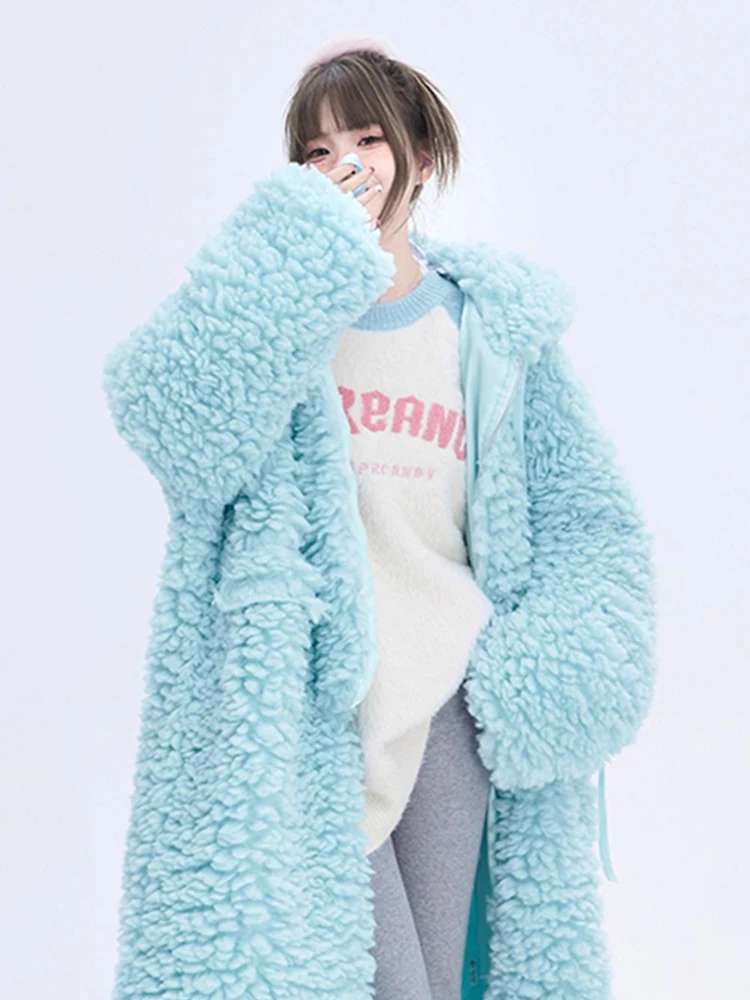 Lautaro invierno largo de gran tamaño Casual grueso cálido azul grueso cálido peludo abrigo de piel sintética mujeres con capucha cremallera moda 2023