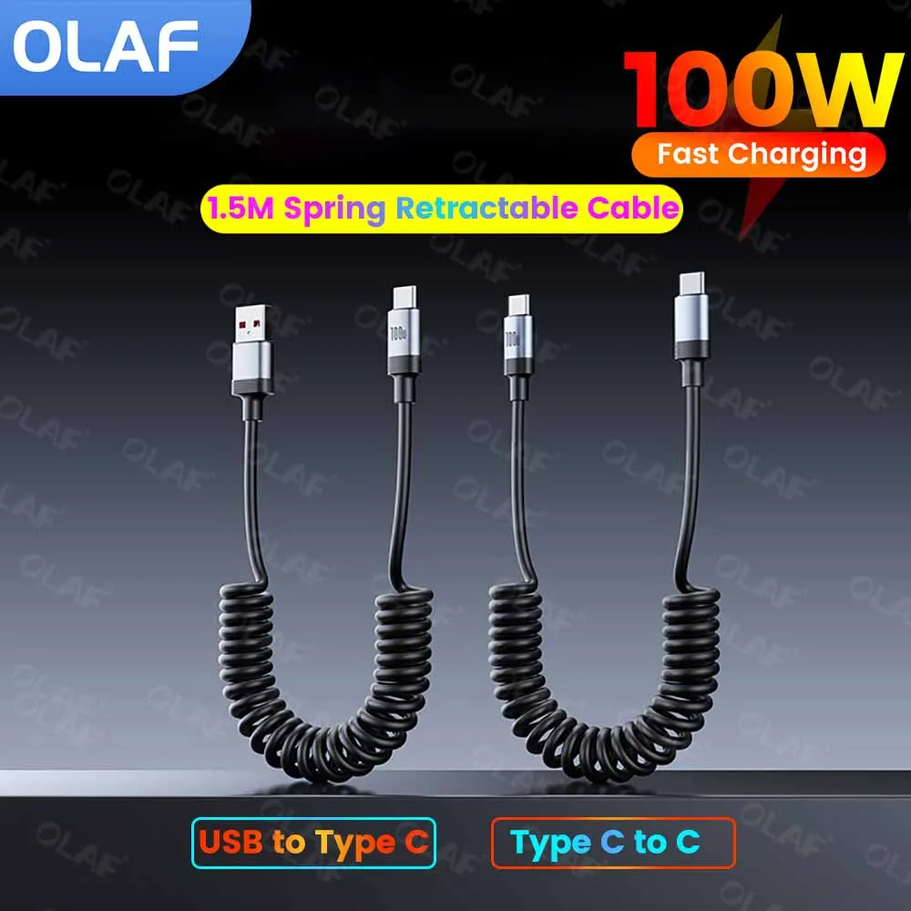 Cable de resorte USB tipo C a USB C de 100W 5A para iPhone 15 16 Pro Max Samsung Xiaomi Cable de cargador de coche 27W tipo C a Cable Lightning