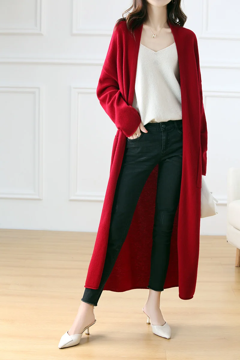 Gran oferta Otoño Invierno nuevo cárdigan de lana de 100% suéter de mujer con cuello en V sólido moda larga femenina suelta suave abrigo de punto de gran tamaño