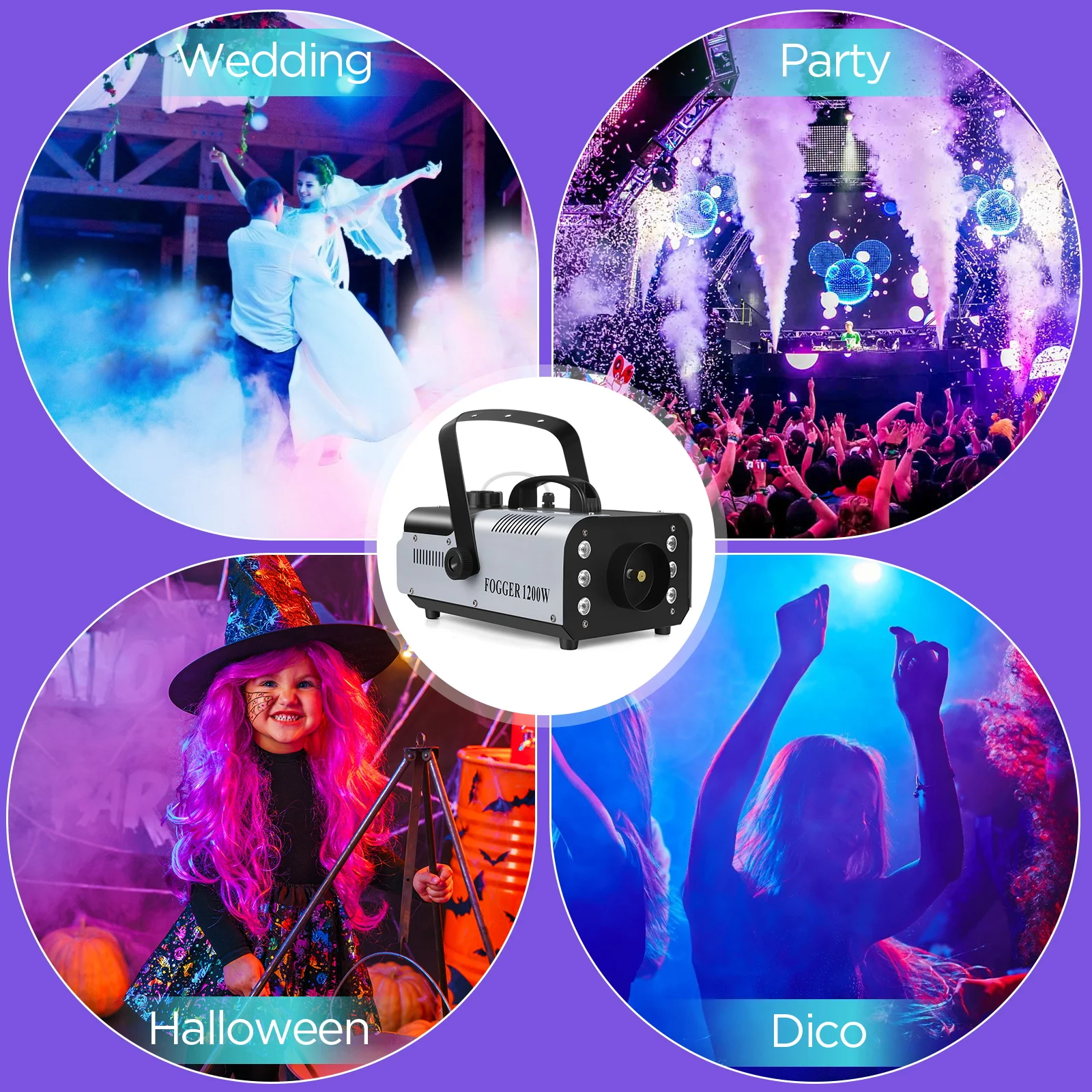 U'King 1200W máquina de niebla 6LEDs nebulizador remoto eyector Disco máquina de humo colorida DJ efectos de fiesta de Navidad luz de escenario