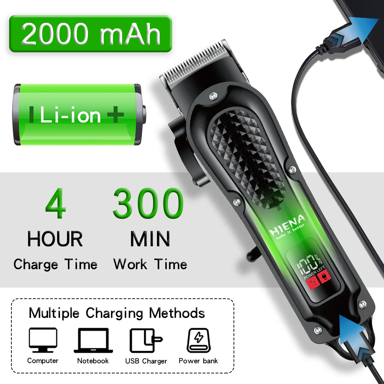 Hiena-cortadora de pelo eléctrica HYN-212 para hombres, herramienta de corte de barba inalámbrica, recargable, potente