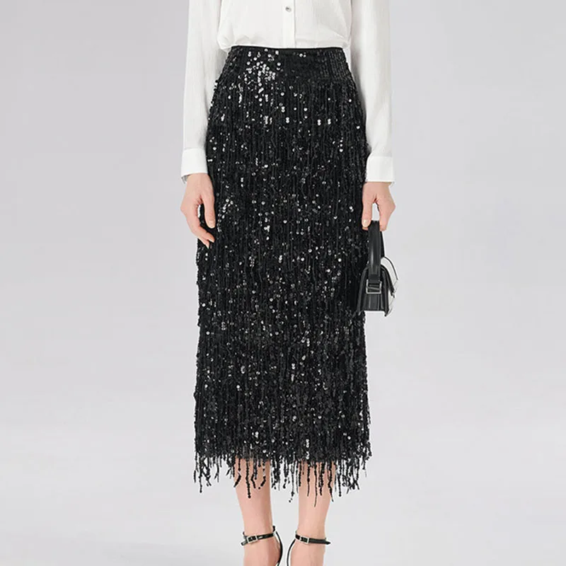 Faldas de noche brillantes con lentejuelas brillantes y purpurina, falda elegante de cintura alta con borlas divididas, falda Sexy de verano para mujer 2026