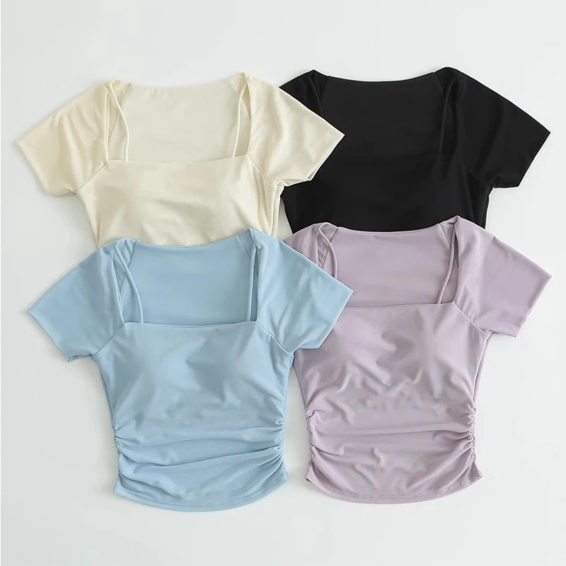 Camisas de Yoga acolchadas para mujer, Top corto deportivo de manga corta, camiseta de entrenamiento para Fitness, medias recortadas sexis para correr, ropa de gimnasio